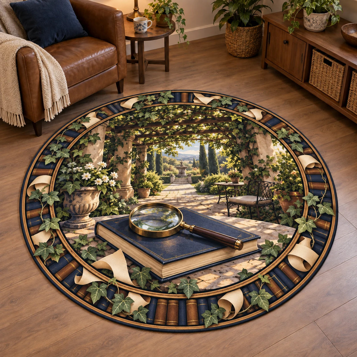 Round Mat Rug with printed magnifying glass, closed navy book and leafy garden pergola in a reading-room setting