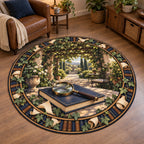 Round Mat Rug with printed magnifying glass, closed navy book and leafy garden pergola in a reading-room setting
