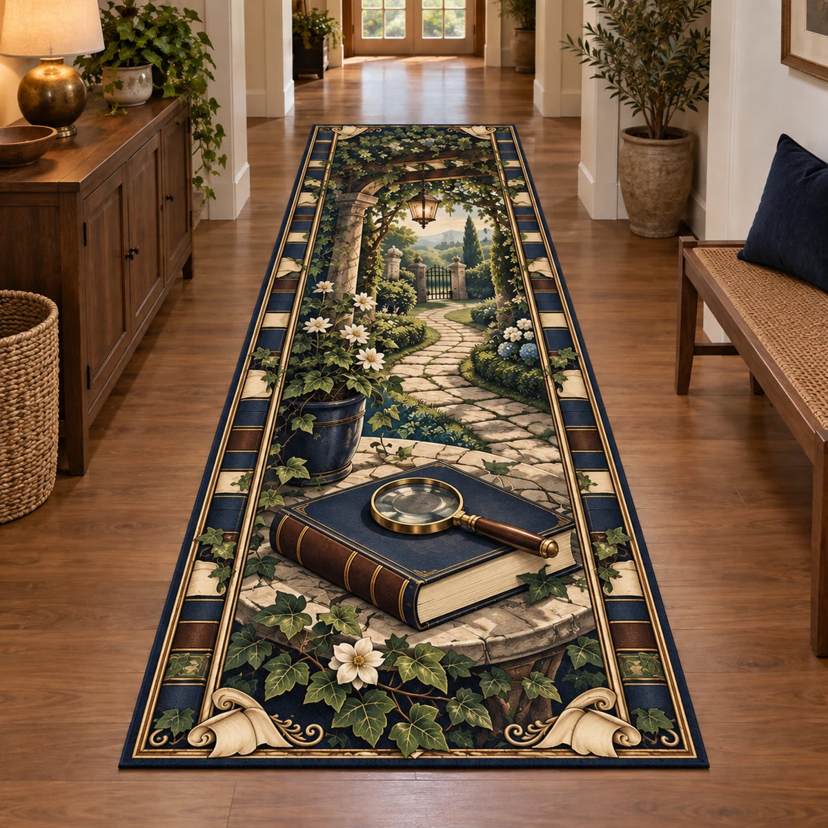 Runner Rug with printed magnifying glass, closed navy book and leafy garden pergola in a reading-room setting