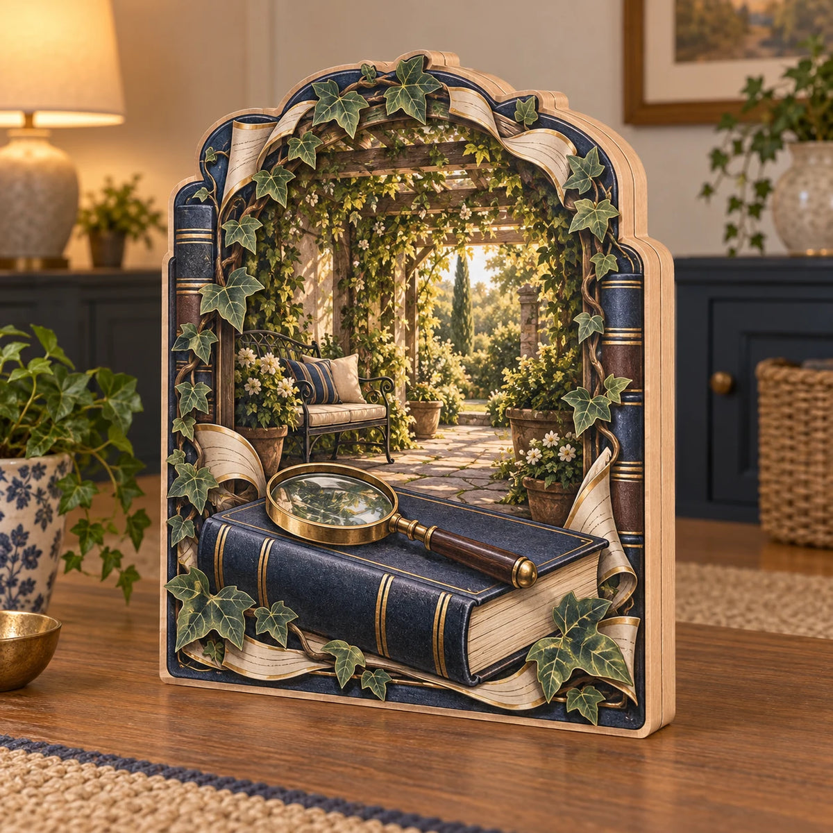 Three-layer wooden block with printed magnifying glass, navy book and leafy pergola garden scene.