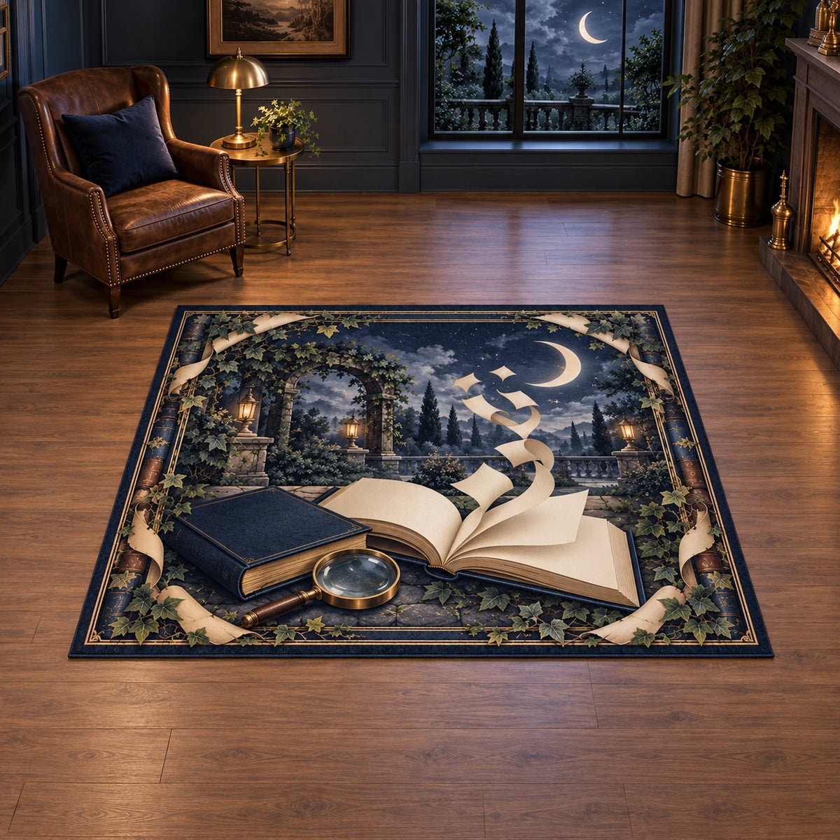 Rectangular rug with navy book, magnifying glass, blank curling pages and a moonlit ivy garden.