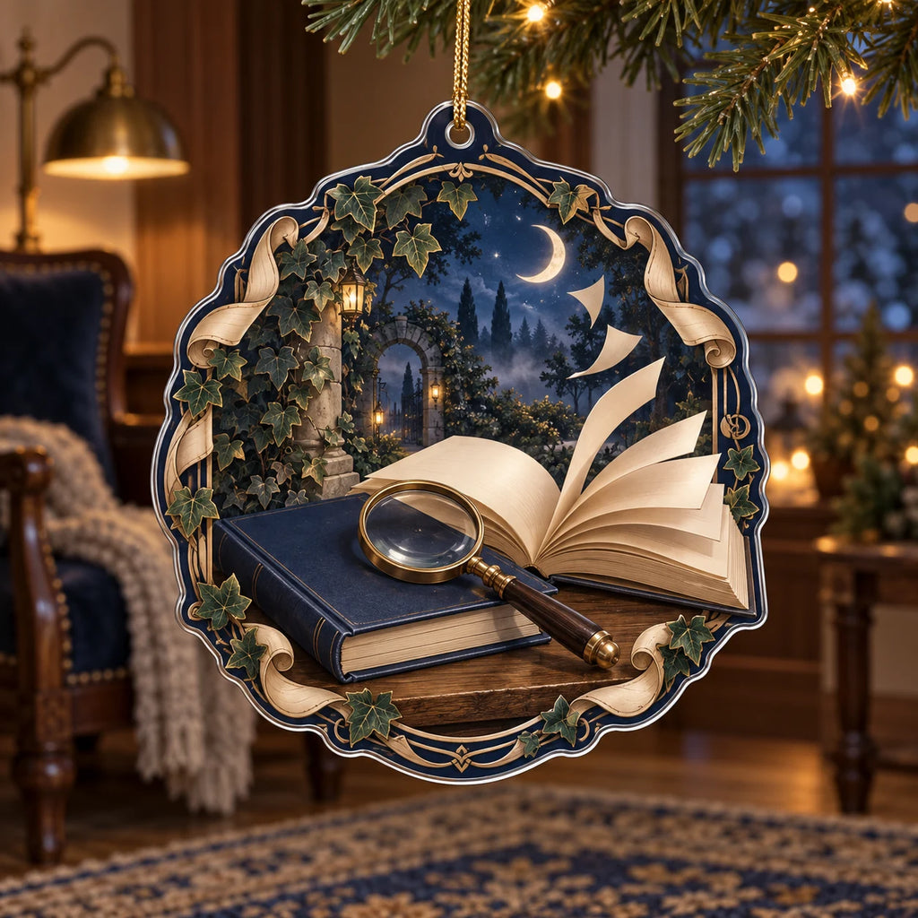 Flat acrylic ornament with books, brass magnifier, blank pages, ivy and crescent moon, hanging from a gold cord.