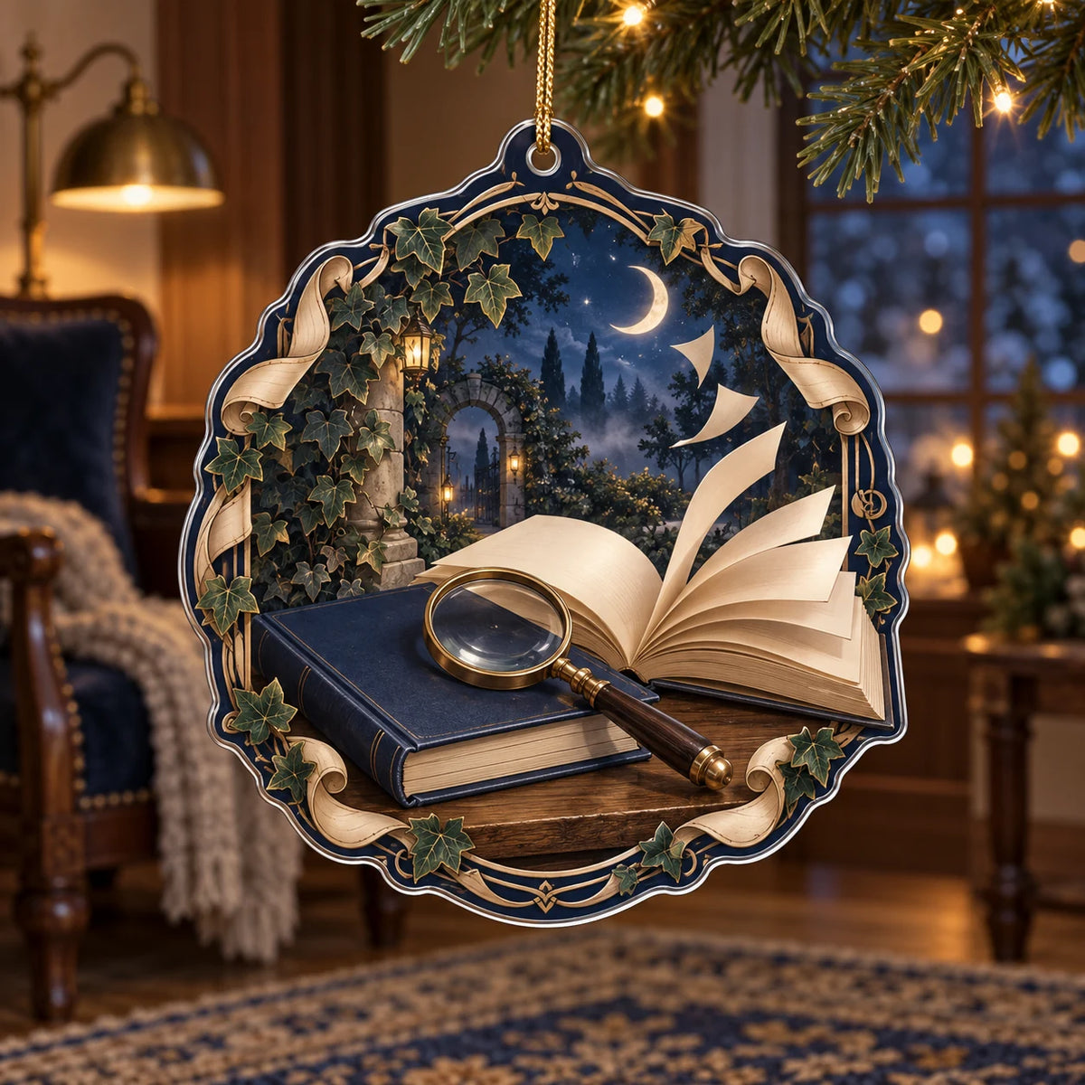 Flat acrylic ornament with books, brass magnifier, blank pages, ivy and crescent moon, hanging from a gold cord.