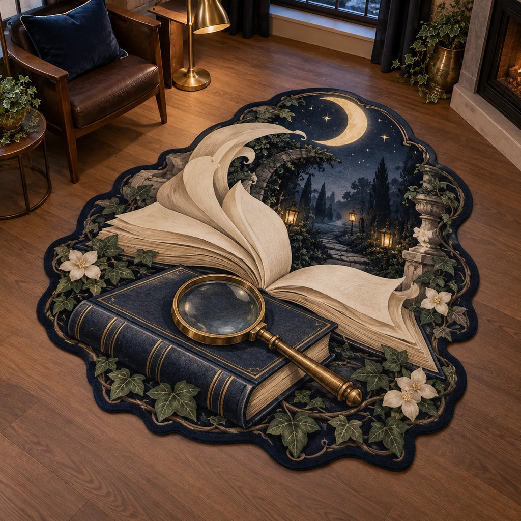 Custom shape rug with navy book, brass magnifier, blank curling pages, ivy and a crescent-lit garden.