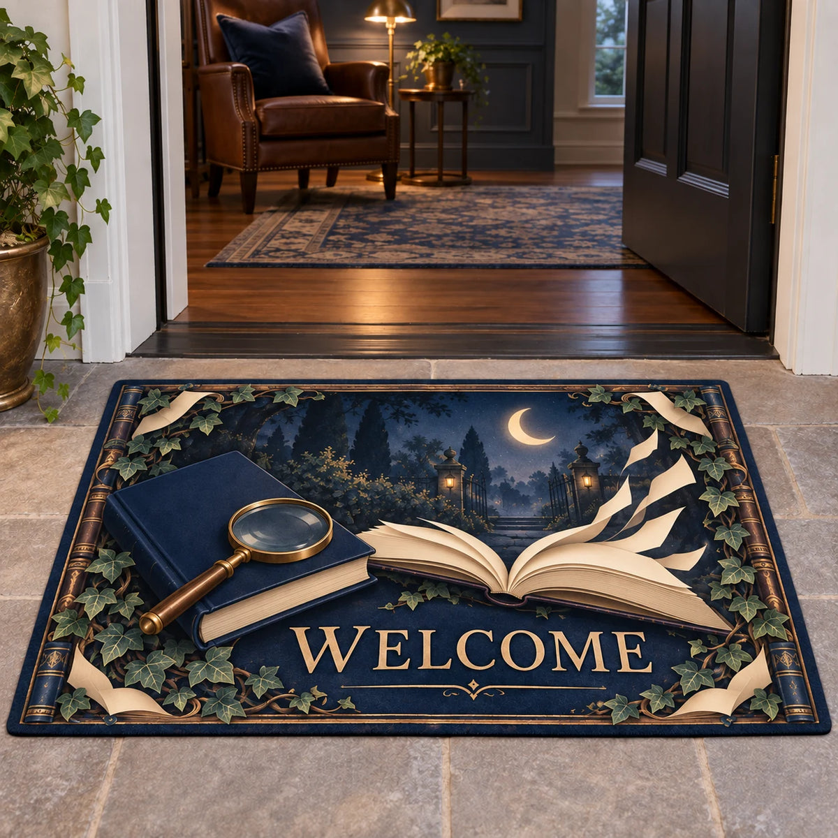 WELCOME doormat with navy books, brass magnifier, blank page curls and an ivy-framed moonlit garden.