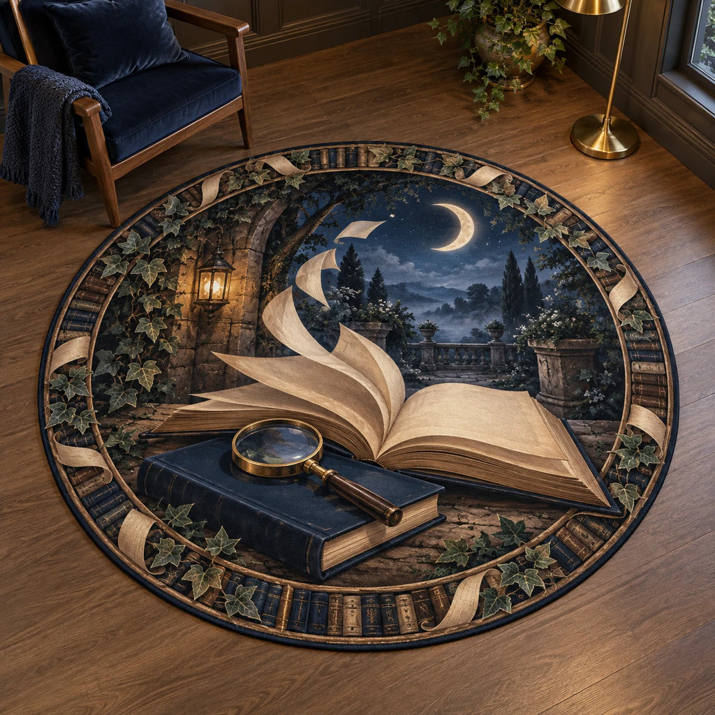 Round rug with navy book, brass magnifying glass, blank curling pages and crescent moon over a garden.