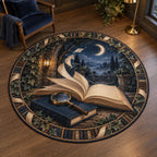 Round rug with navy book, brass magnifying glass, blank curling pages and crescent moon over a garden.