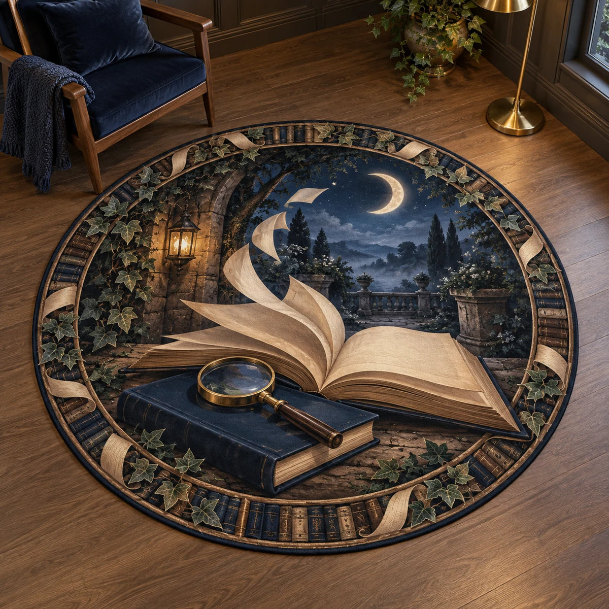 Round rug with navy book, brass magnifying glass, blank curling pages and crescent moon over a garden.