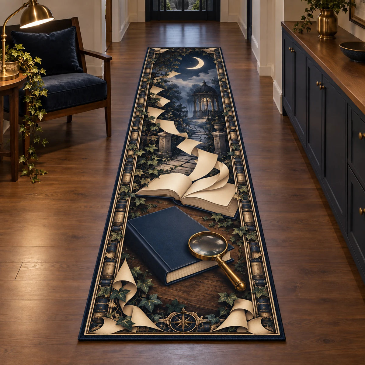 Long runner with navy book, brass magnifier, blank curling pages and a garden path toward a moonlit pavilion.
