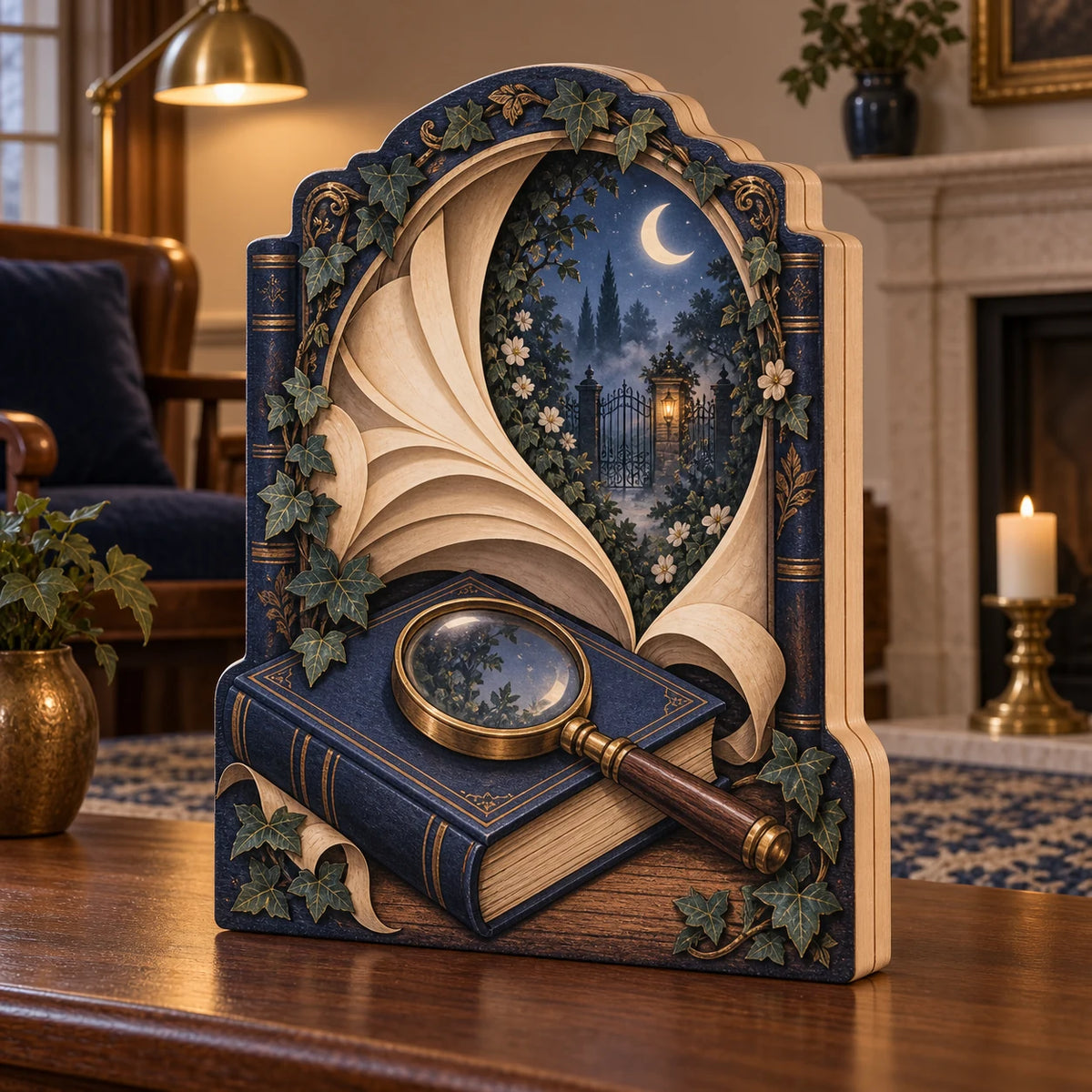 Three-layer wooden block with navy book, brass magnifier, ivory pages and ivy-framed moonlit gate.