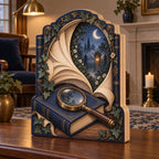 Three-layer wooden block with navy book, brass magnifier, ivory pages and ivy-framed moonlit gate.