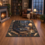 Mystery reader area rug with closed book, brass magnifying glass and lamplit rainy scene