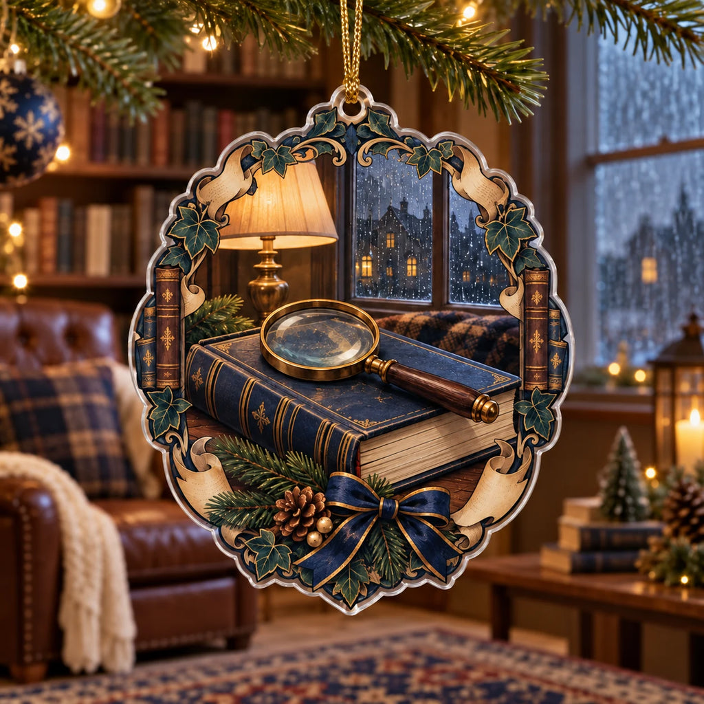 Mystery reader christmas ornament with closed book, brass magnifying glass and lamplit rainy scene