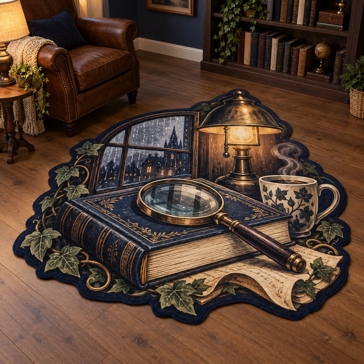 Mystery reader custom shape area rug with closed book, brass magnifying glass and lamplit rainy scene
