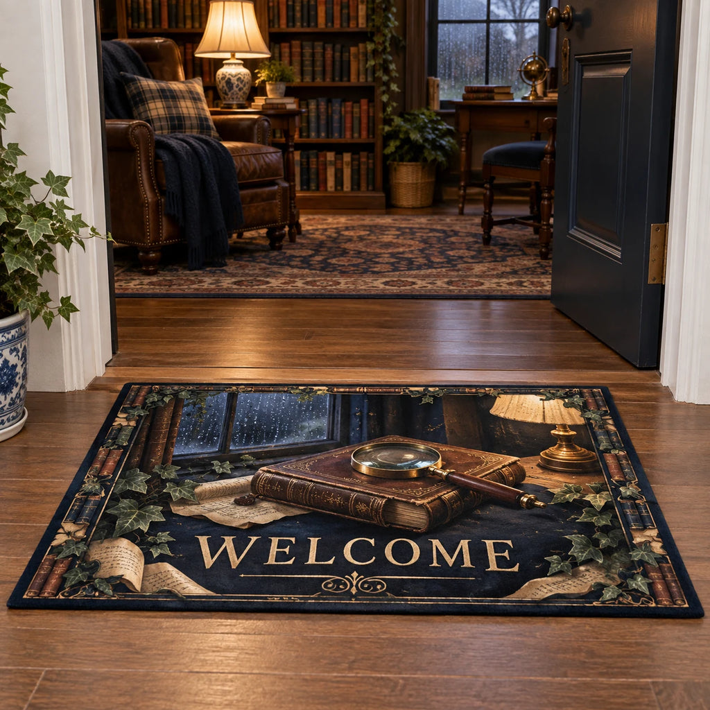 Mystery reader doormat with closed book, brass magnifying glass and lamplit rainy scene