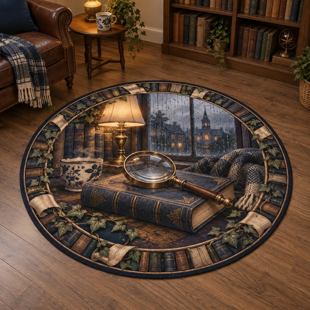 Mystery reader round mat rug with closed book, brass magnifying glass and lamplit rainy scene