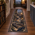 Mystery reader runner rug with closed book, brass magnifying glass and lamplit rainy scene