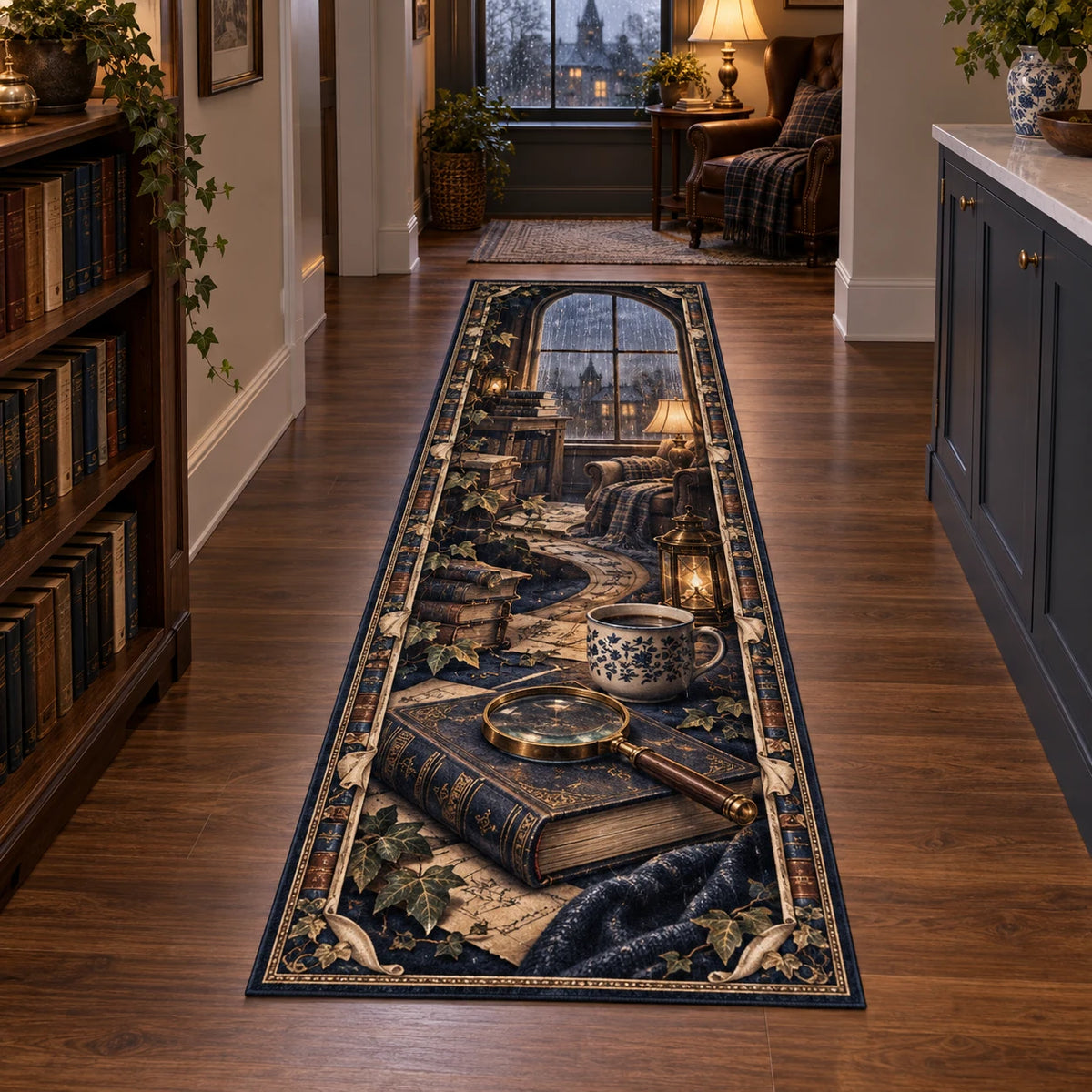 Mystery reader runner rug with closed book, brass magnifying glass and lamplit rainy scene