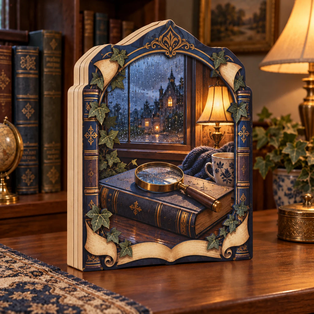 Mystery reader three-layer wooden block with book, magnifying glass and rainy window print