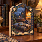 Mystery reader three-layer wooden block with book, magnifying glass and rainy window print