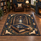 Mystery Reader Secret Library Area Rug with a navy closed book, magnifying glass and ivy-framed library depth in a warm reading room.