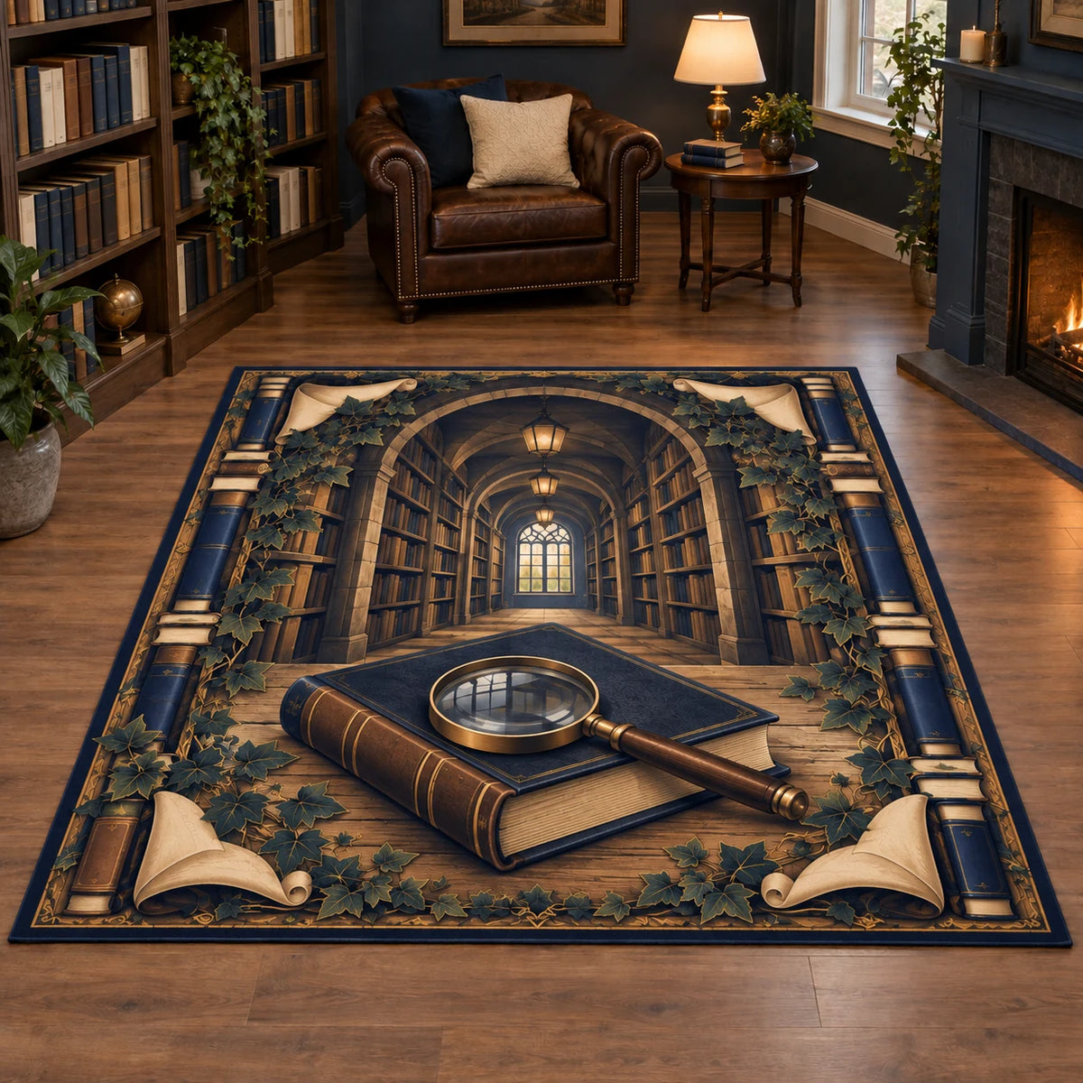 Mystery Reader Secret Library Area Rug with a navy closed book, magnifying glass and ivy-framed library depth in a warm reading room.