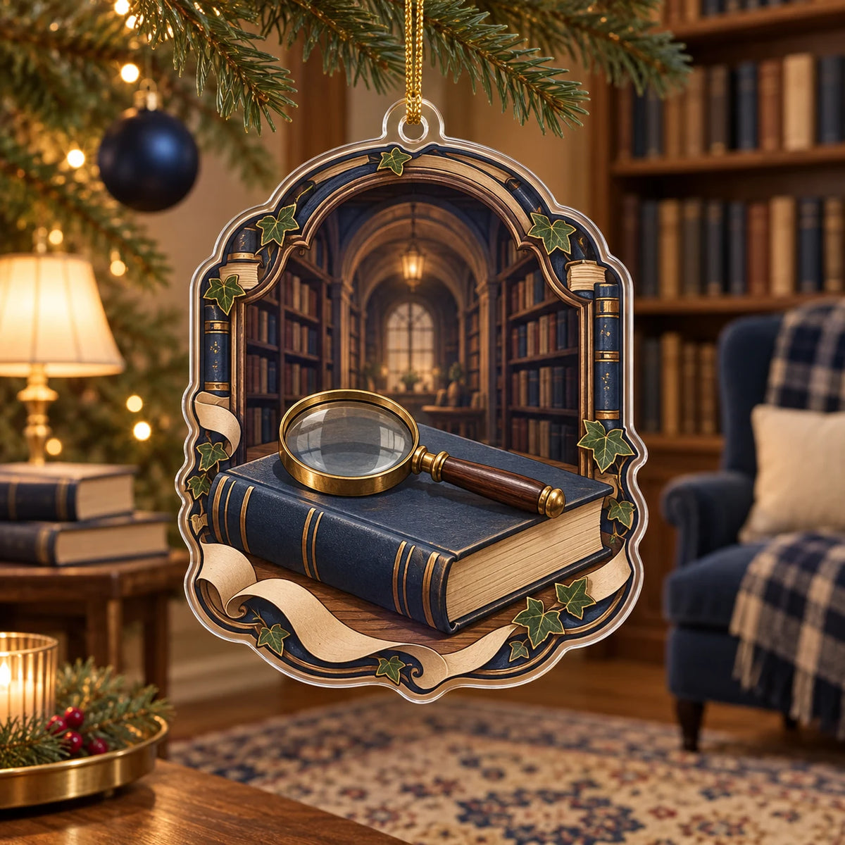Mystery Reader Secret Library Christmas Ornament with a navy book, magnifying glass and ivy-framed library print in a reading room.