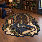 Mystery Reader Secret Library Custom Shape Area Rug with a navy book, magnifying glass and ivy-framed library print in a reading room.