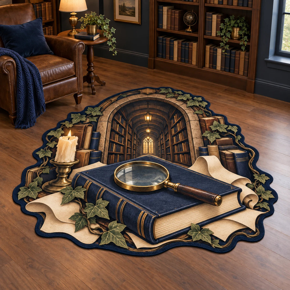 Mystery Reader Secret Library Custom Shape Area Rug with a navy book, magnifying glass and ivy-framed library print in a reading room.