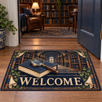 Mystery Reader Secret Library Doormat with a navy book, magnifying glass and ivy-framed library print in a reading room.