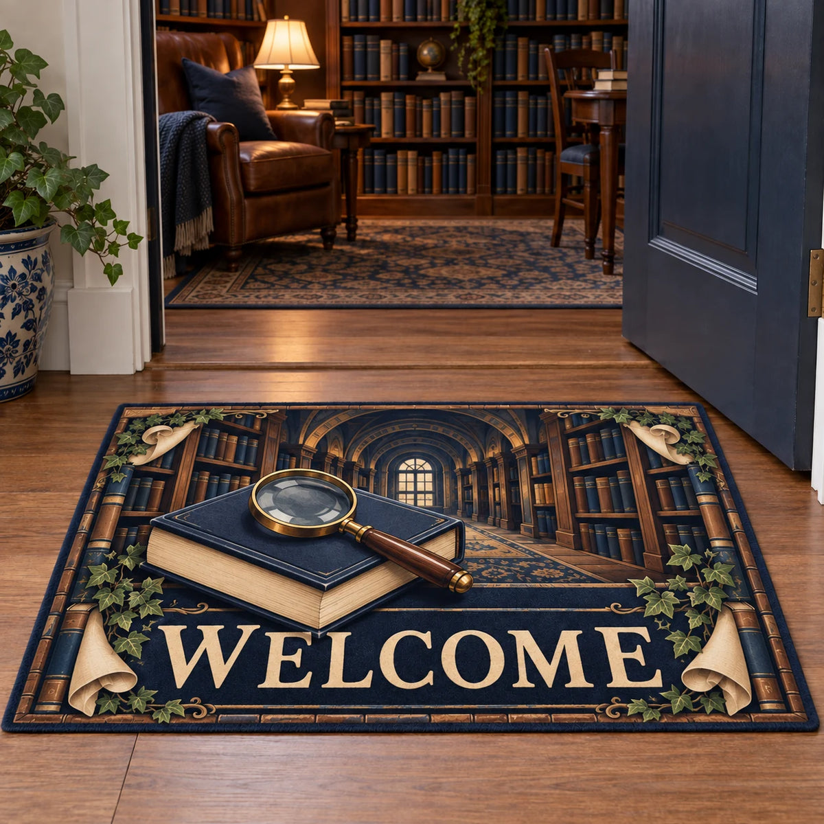 Mystery Reader Secret Library Doormat with a navy book, magnifying glass and ivy-framed library print in a reading room.