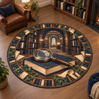 Mystery Reader Secret Library Round Mat Rug with a navy closed book, magnifying glass and ivy-framed library depth in a warm reading room.
