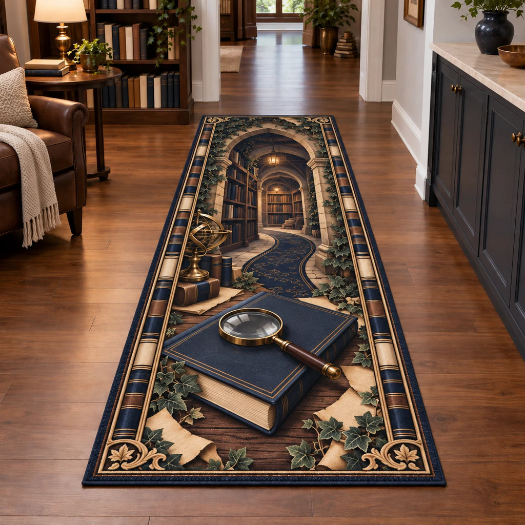Mystery Reader Secret Library Runner Rug with a navy closed book, magnifying glass and ivy-framed library depth in a warm reading room.