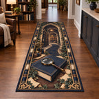 Mystery Reader Secret Library Runner Rug with a navy closed book, magnifying glass and ivy-framed library depth in a warm reading room.