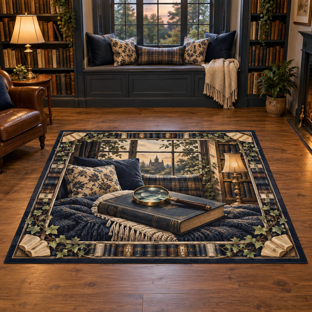 Mystery Reader Area Rug with dimensional printed artwork in a coordinated home setting