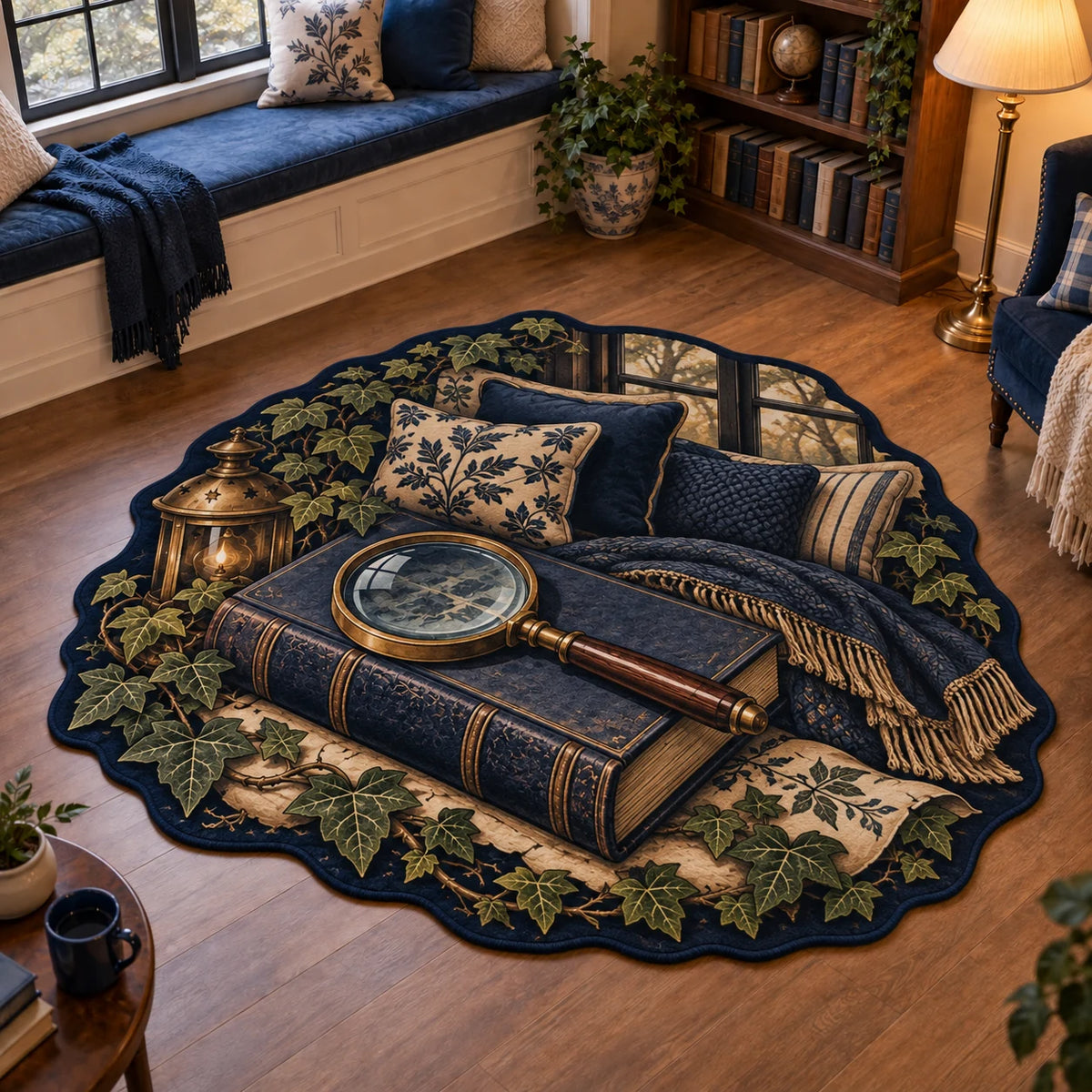 Mystery Reader Custom Shape Area Rug with dimensional printed artwork in a coordinated home setting