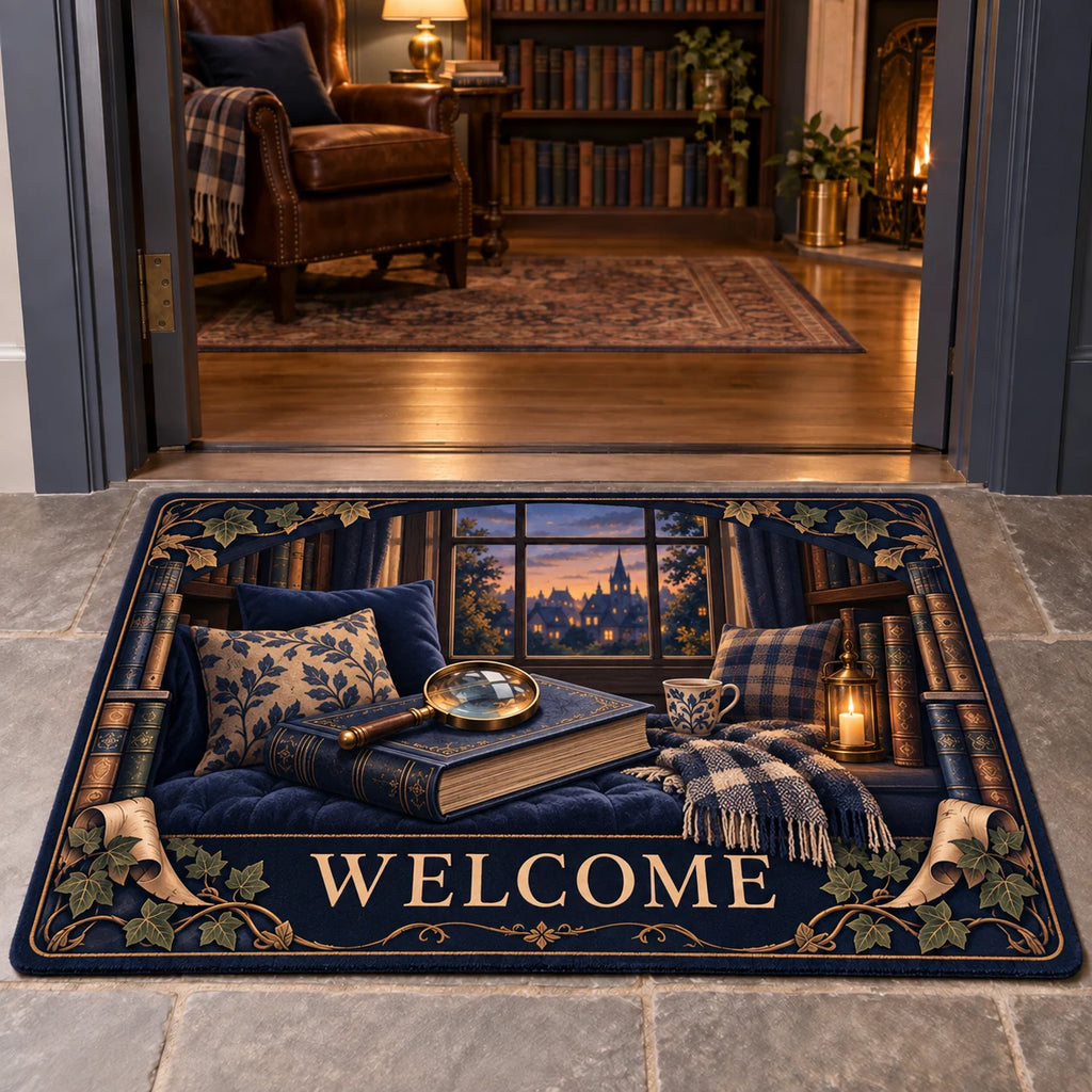 Mystery Reader Welcome Doormat with dimensional printed artwork in a coordinated home setting