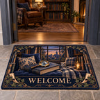 Mystery Reader Welcome Doormat with dimensional printed artwork in a coordinated home setting