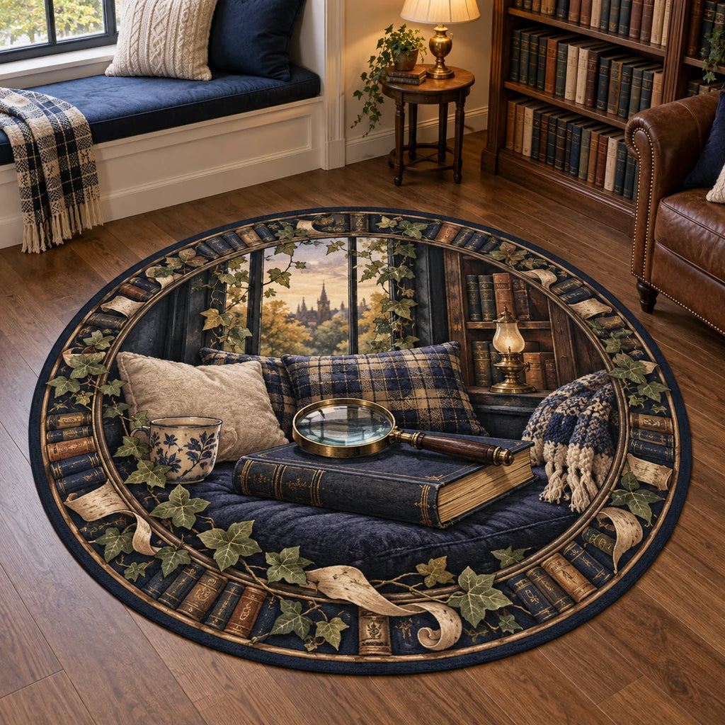 Mystery Reader Round Mat Rug with dimensional printed artwork in a coordinated home setting