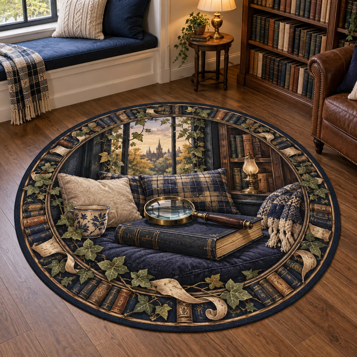 Mystery Reader Round Mat Rug with dimensional printed artwork in a coordinated home setting