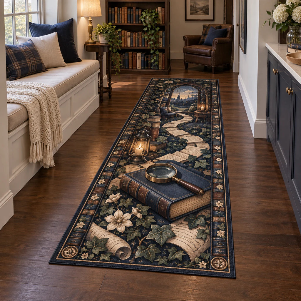 Mystery Reader Runner Rug with dimensional printed artwork in a coordinated home setting