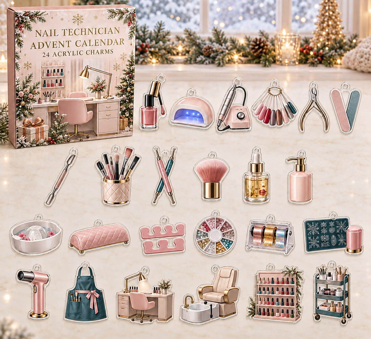 Nail technician calendar with24 custom-shaped flat acrylic charms and printed dimensional artwork