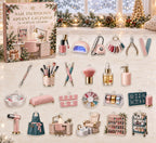 Nail technician calendar with24 custom-shaped flat acrylic charms and printed dimensional artwork