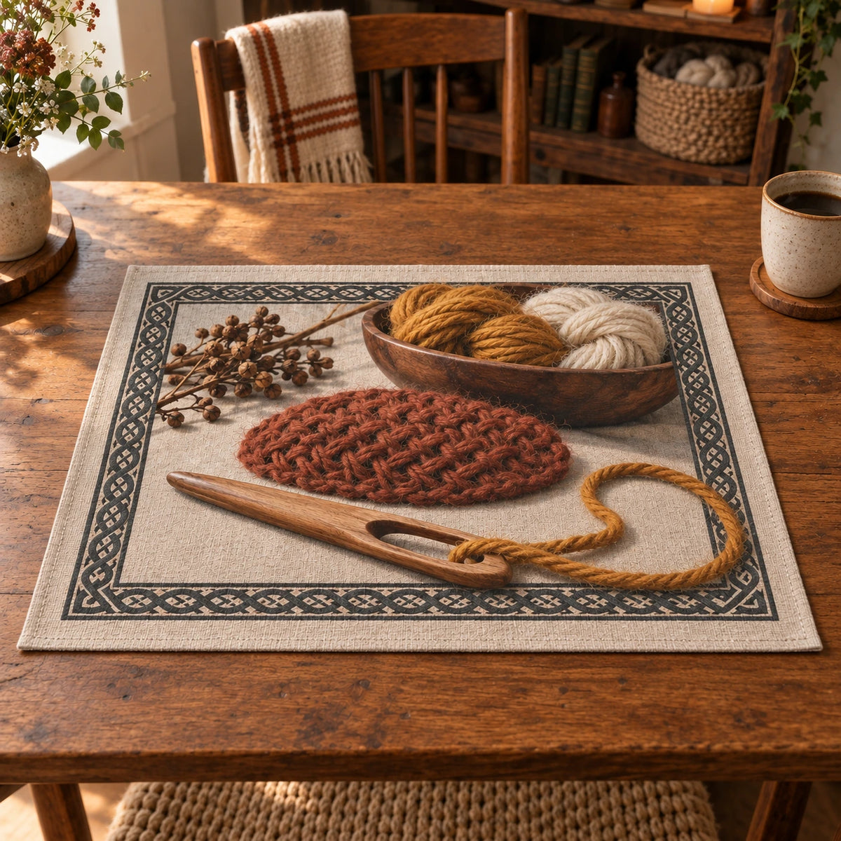 Nalbinding Wool Craft Placemat with original printed optical 3D artwork