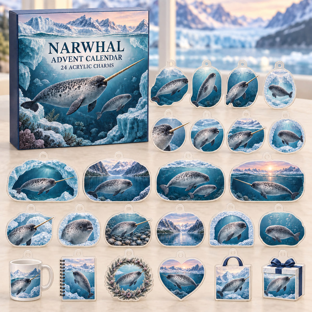 Narwhal advent calendar box and24 themed flat printed acrylic charms