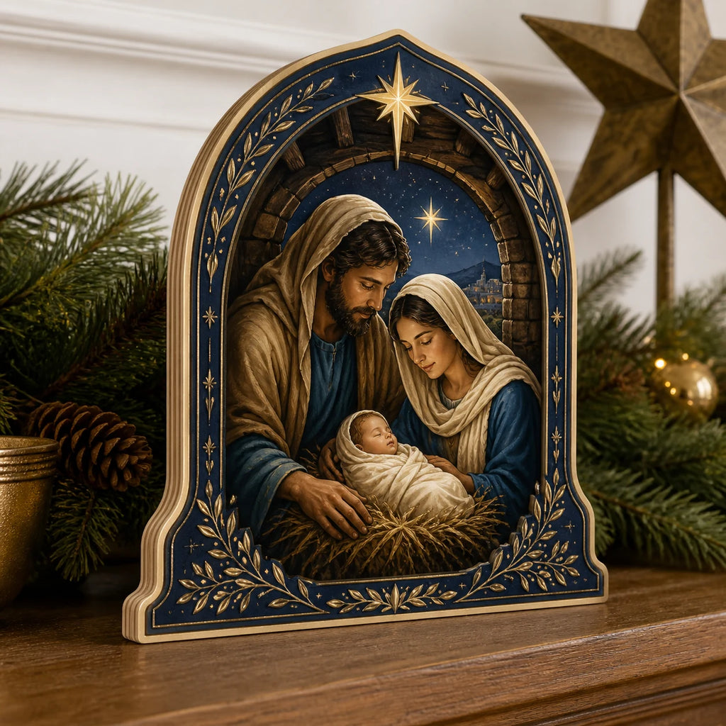 Nativity Starlight Arch wooden block 3 layer with a dimensional printed design in a christian christmas setting