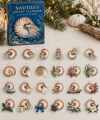 Nautilus advent calendar with 24 custom-shaped flat acrylic charms and printed dimensional artwork