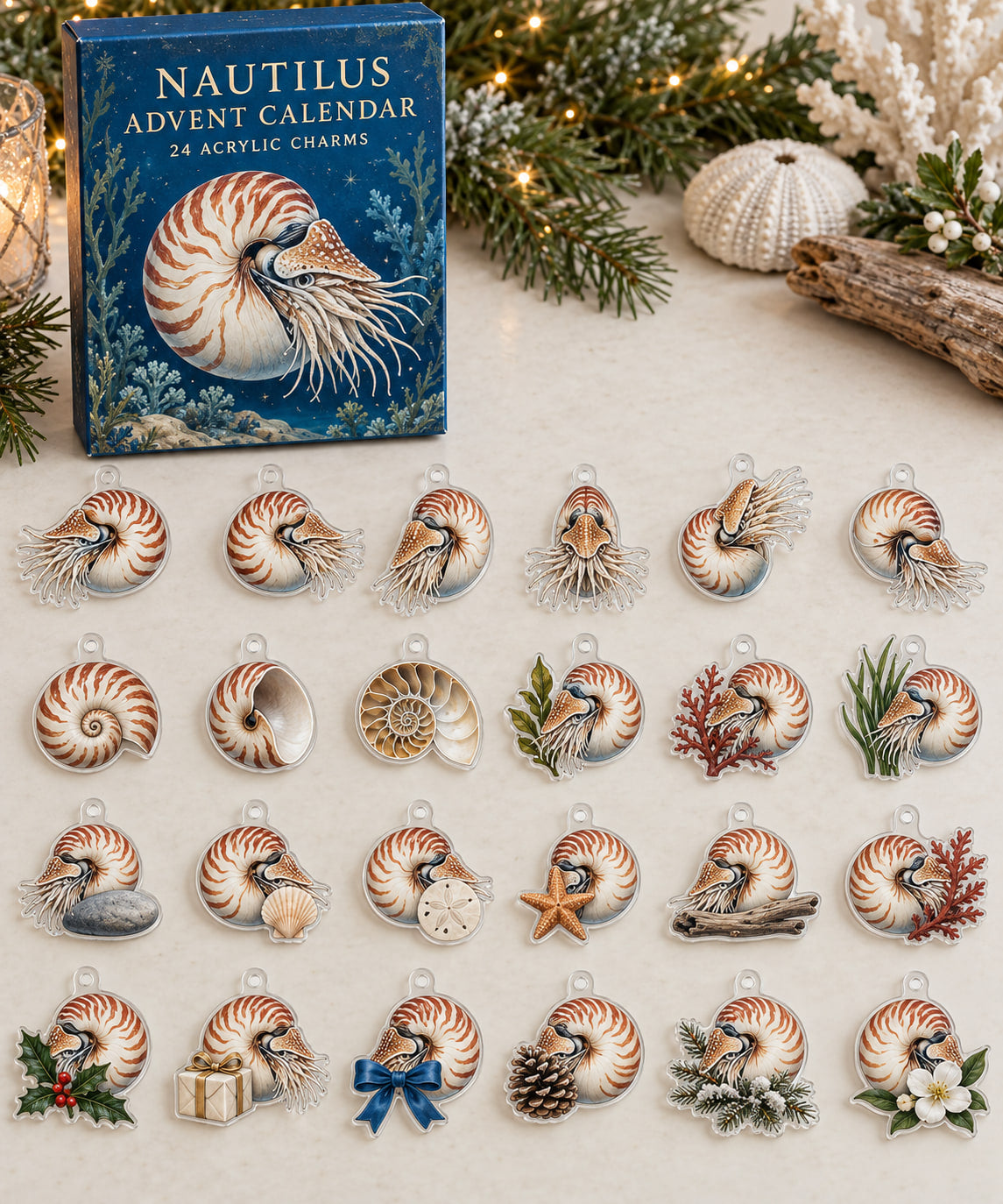 Nautilus advent calendar with 24 custom-shaped flat acrylic charms and printed dimensional artwork