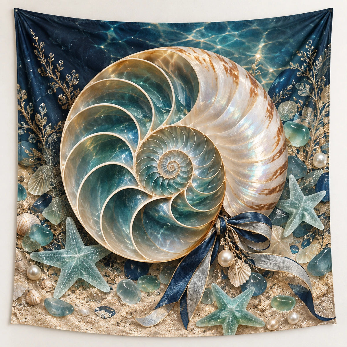 Nautilus Coastal Holiday Wall Tapestry with printed dimensional artwork