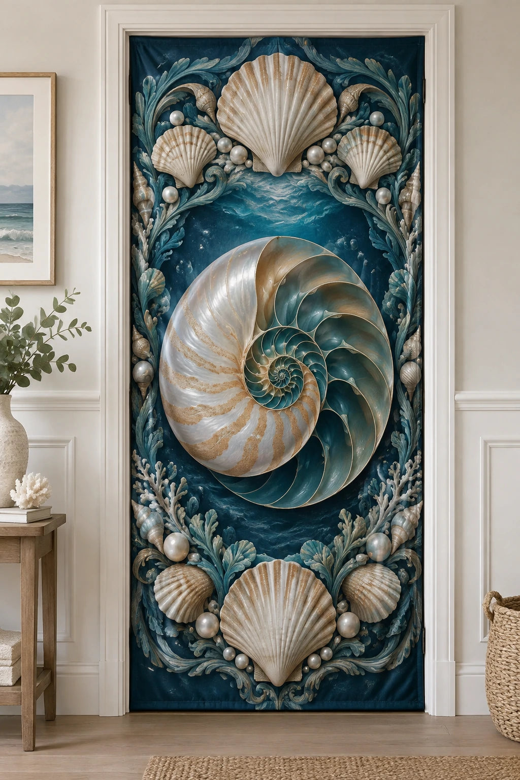 Nautilus Shell Cove Fabric Door Cover with printed dimensional artwork